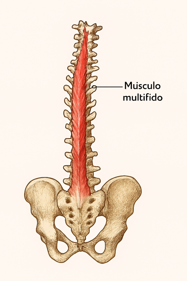 imagem anatômica do músculo multífido para explicar como exercícios podem ajudar a tratar a dor lombar